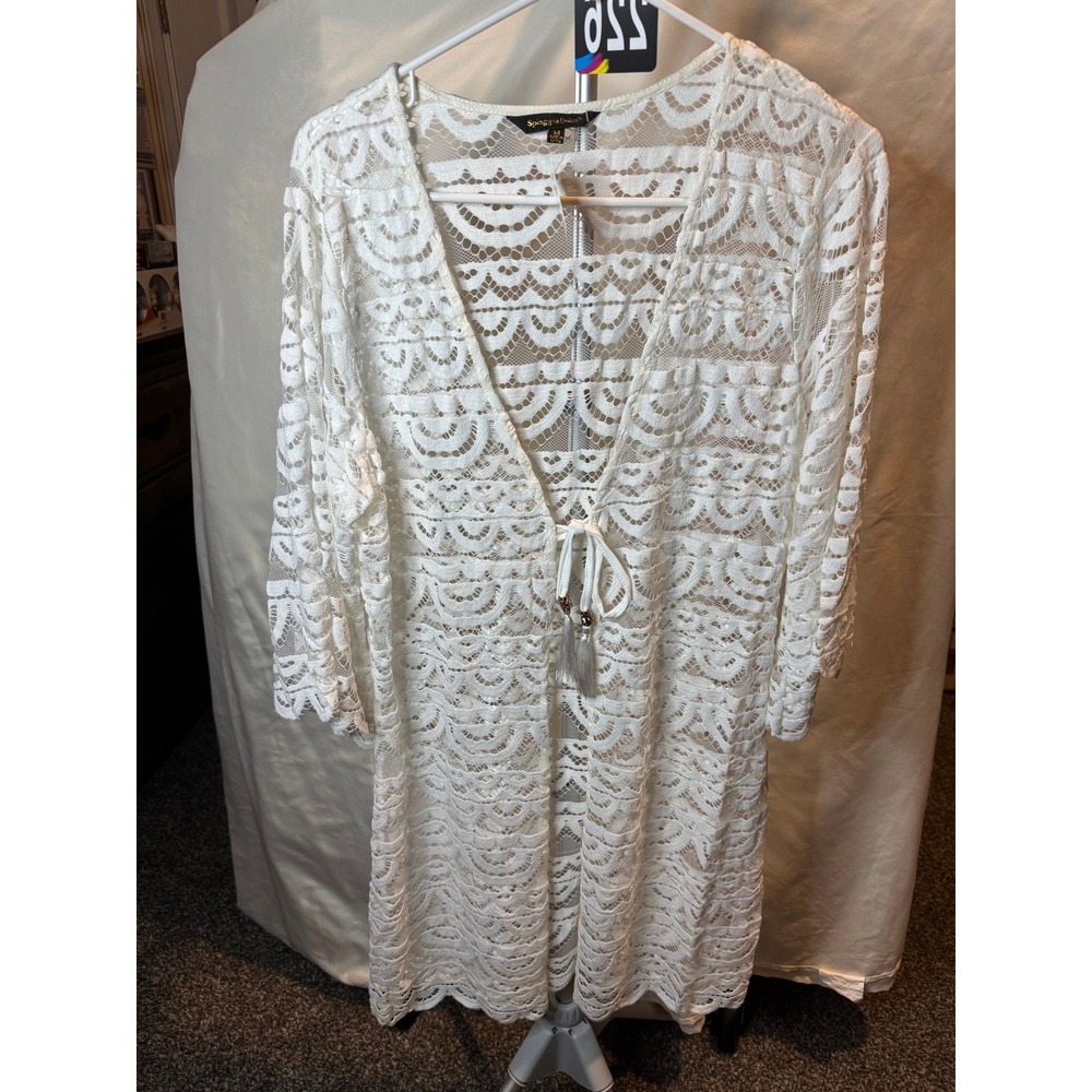 226 Spiaggia Dolce White Lace Scalloped Crochet Swim Cover Up Tassel Tie Medium